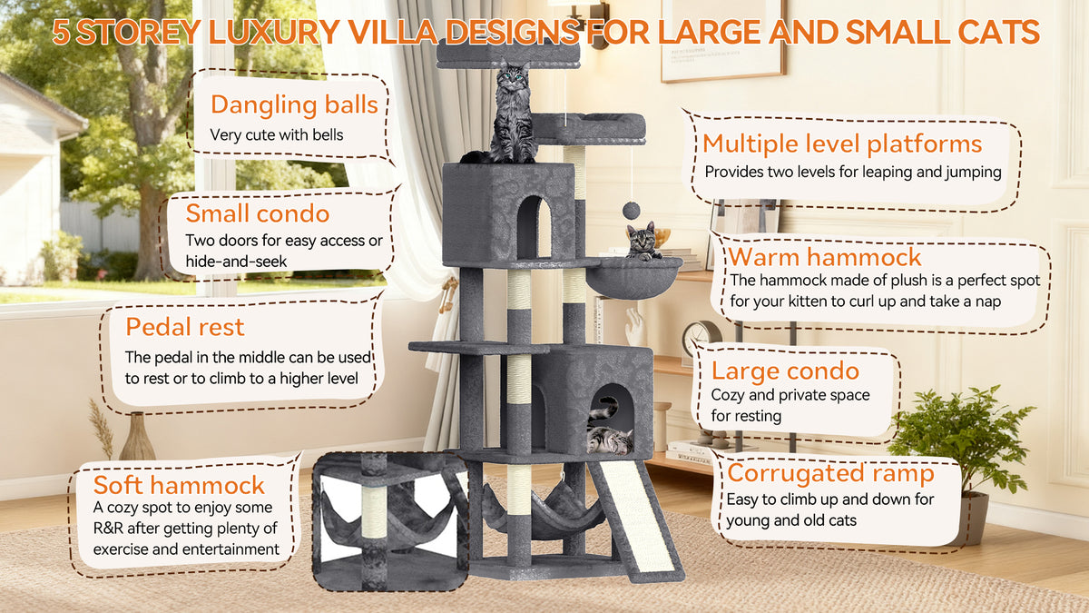 Cat tree with features highlighted for large and small cats, set against a neutral indoor background.