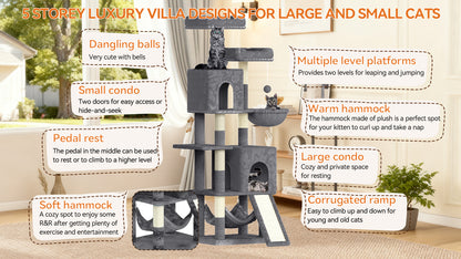 Cat tree with features highlighted for large and small cats, set against a neutral indoor background.