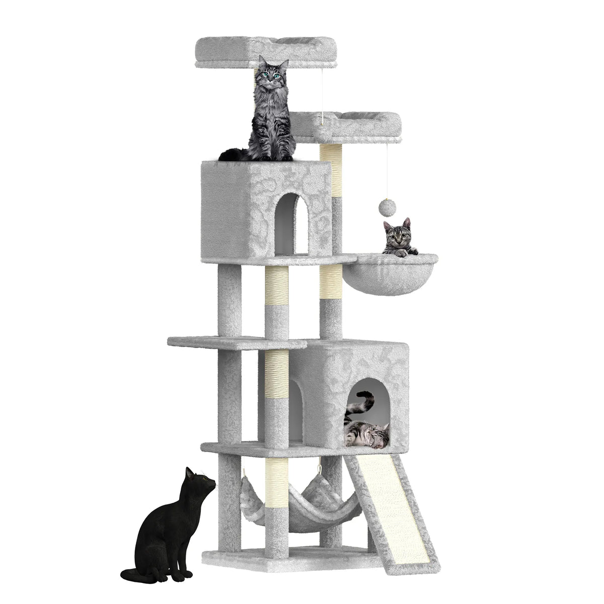 Gray Elarvo Cat Tree with multiple levels and a cat sitting on top