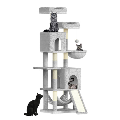 Gray Elarvo Cat Tree with multiple levels and a cat sitting on top