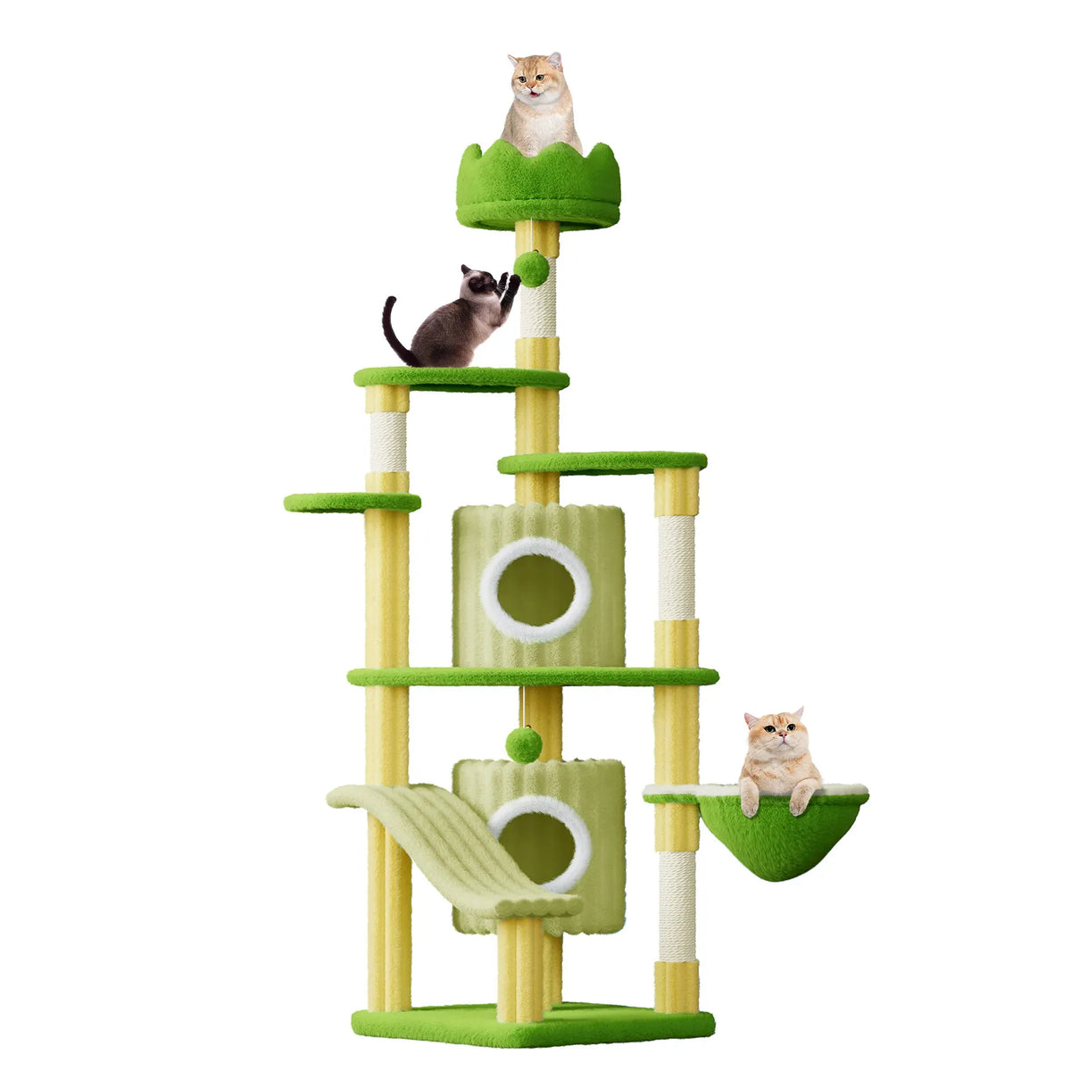 Elarvo Cat Tree with multiple levels and a green color scheme on a white background