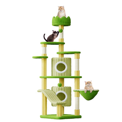 Elarvo Cat Tree with multiple levels and a green color scheme on a white background