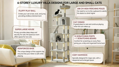 Elarvo Cat Tree with features highlighted for large and small cats in a living room setting