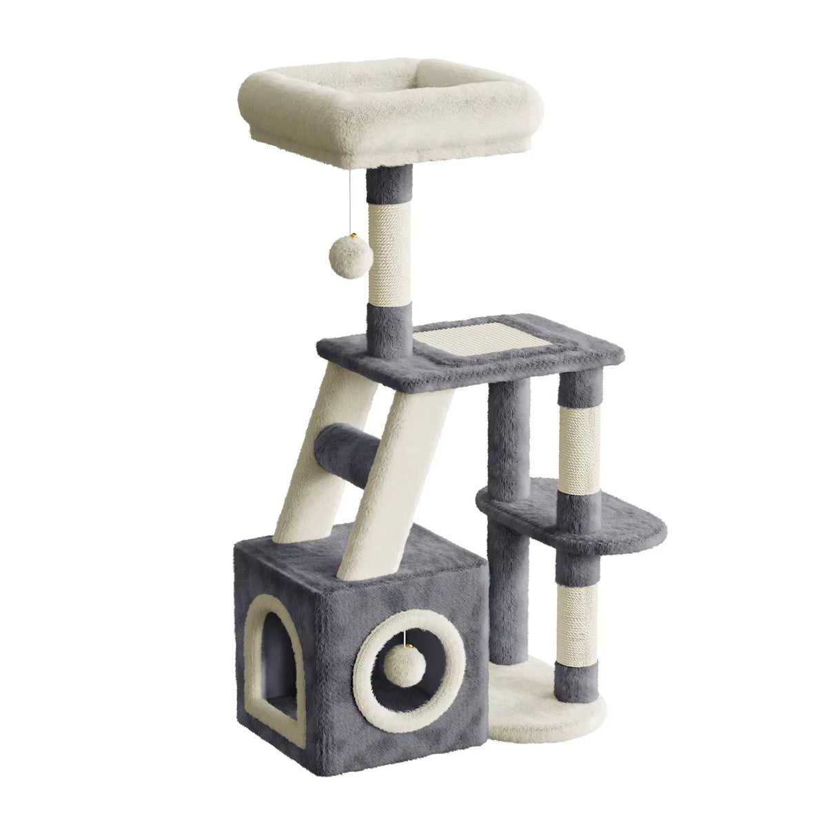 Elarvo Cat Tree with multiple levels, platforms, and a hanging ball on a white background
