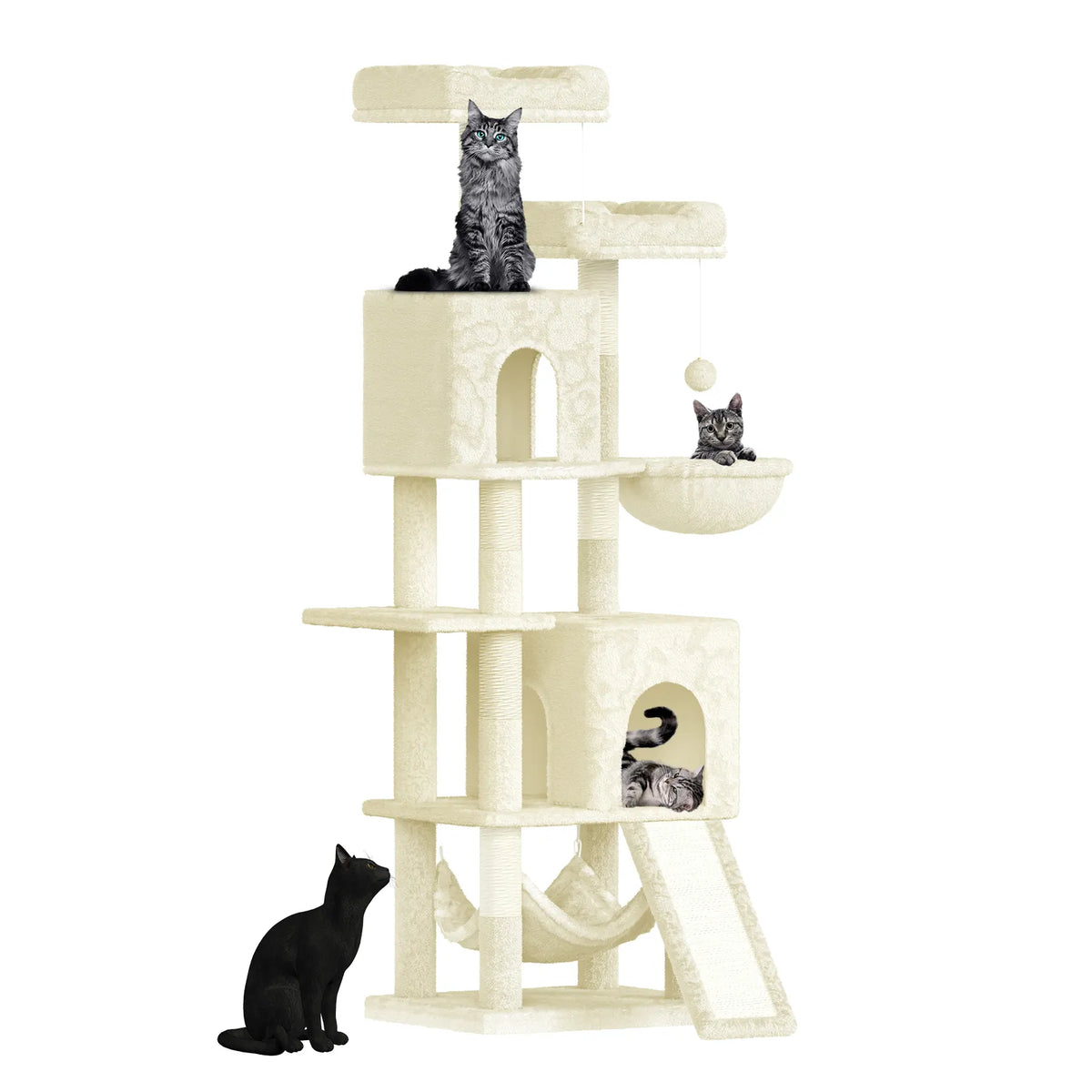 Elarvo Cat Tree with multiple levels and a cat sitting on each level against a white background