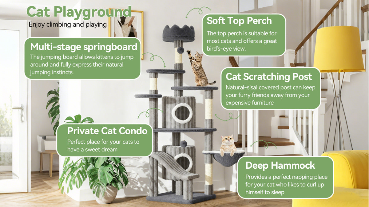 Elarvo Cat Tree playground with various features labeled in a home setting