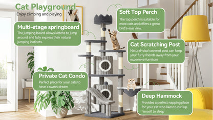 Elarvo Cat Tree playground with various features labeled in a home setting