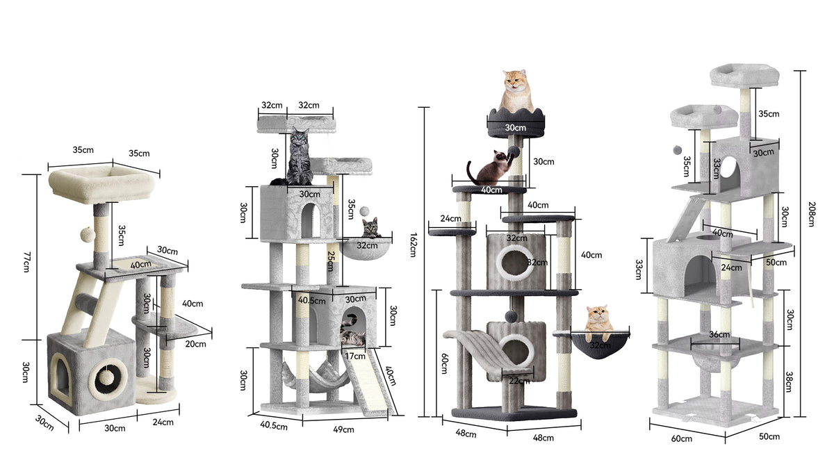 Set of cat trees with dimensions labeled on a white background