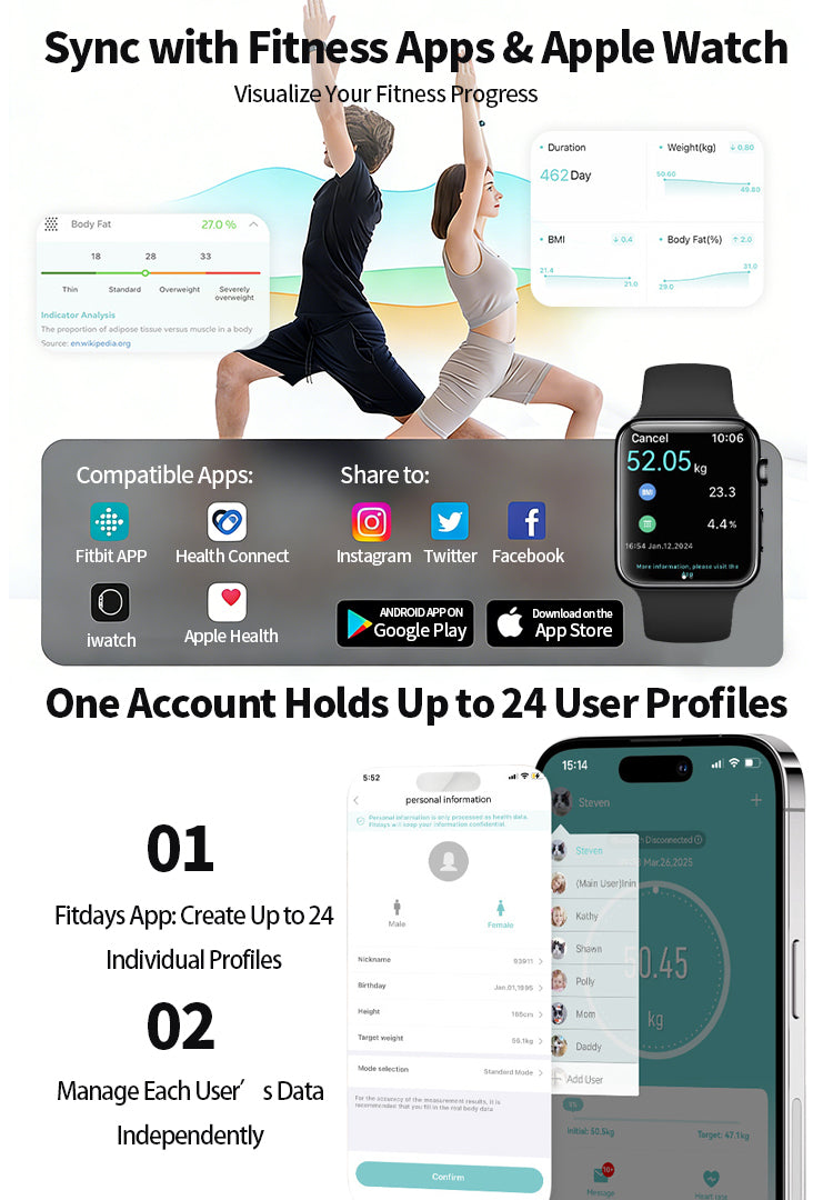Fitness app interface with user profiles and device compatibility on a white background