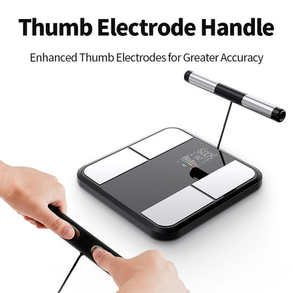A Elarvo Digital 8-Electrode Smart Bathroom Scale with a black and silver design, shown with text reading 'Thumb Electrode Handle' and 'Enhanced Thumb Electrodes for Greater Accuracy.' Two hands are visible holding the handle over the scale on a clean white background.