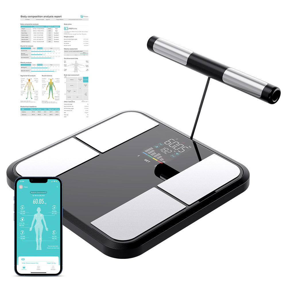 Elarvo Digital 8-Electrode Smart Bathroom Scale with smartphone app and pen on a white background
