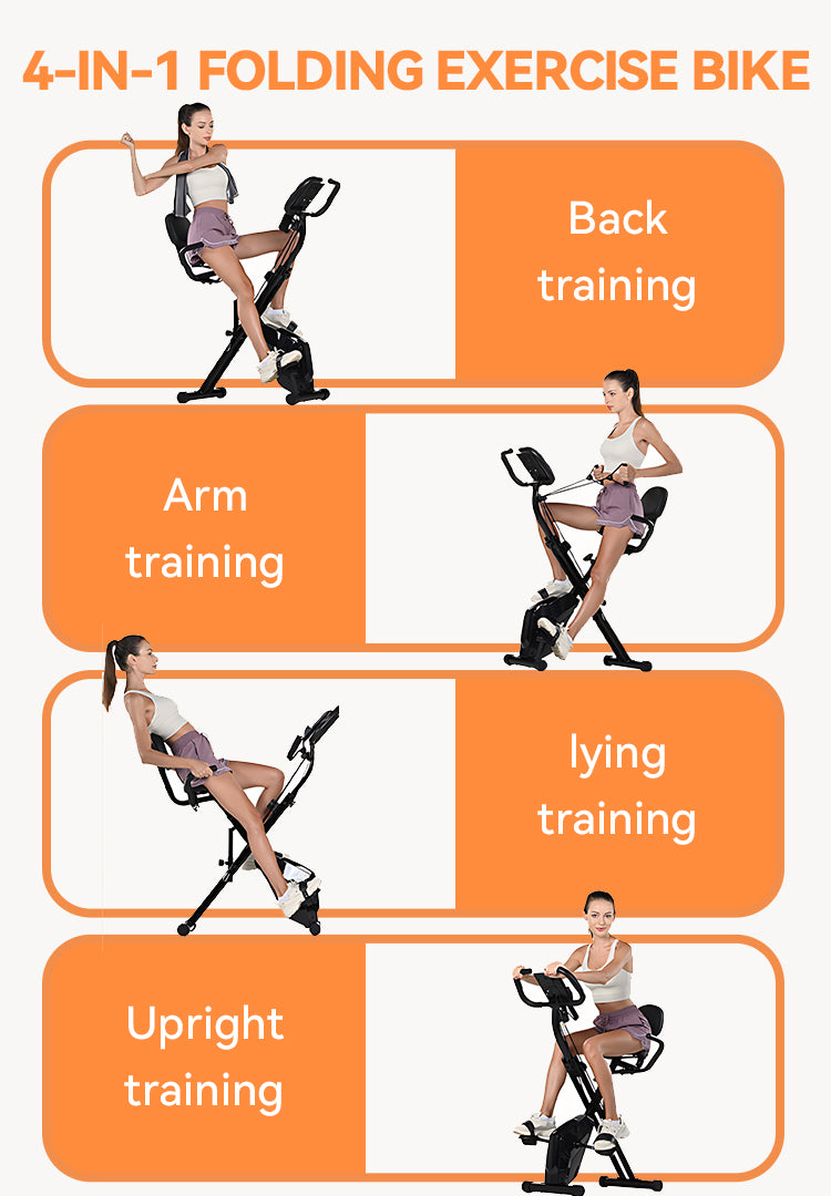 An infographic showing a 4-in-1 Elarvo Foldable Exercise Bike with four demonstration panels labeled Back training, Arm training, Lying training, and Upright training. The image features a woman demonstrating each mode on a white background with orange and gray panels.