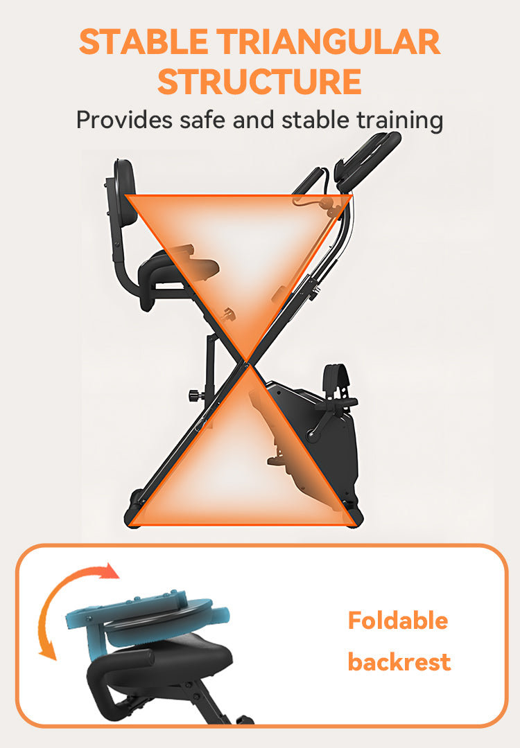 Promotional graphic for a Elarvo Foldable Exercise Bike, showing a black exercise bike with orange translucent triangular overlays highlighting its stable triangular structure, plus a smaller inset showing a foldable backrest feature.