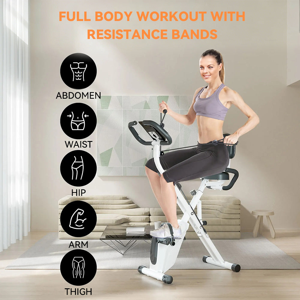 A woman sits on a white and black Elarvo Foldable Exercise Bike in a bright indoor room, with orange text reading 'FULL BODY WORKOUT WITH RESISTANCE BANDS' and black circular icons listing exercise areas: abdomen, waist, hip, arm, and thigh.