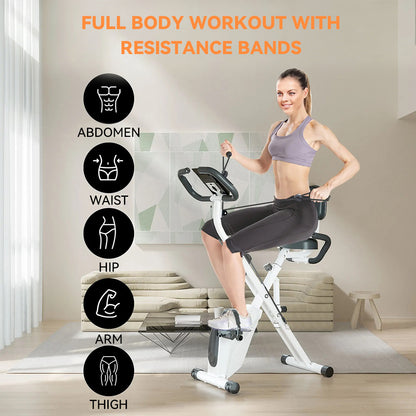 A woman sits on a white and black Elarvo Foldable Exercise Bike in a bright indoor room, with orange text reading 'FULL BODY WORKOUT WITH RESISTANCE BANDS' and black circular icons listing exercise areas: abdomen, waist, hip, arm, and thigh.