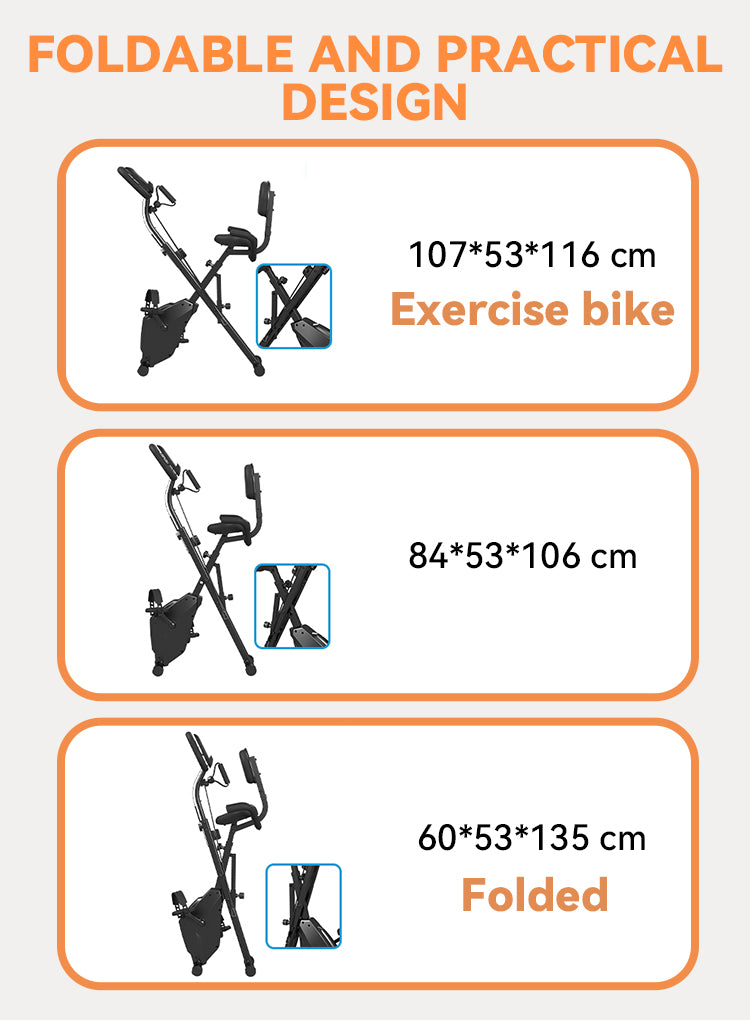 An infographic showing the dimensions of an Elarvo Foldable Exercise Bike in three states: unfolded (107*53*116 cm), partially folded (84*53*106 cm), and fully folded (60*53*135 cm). The graphic features orange text and borders on a light gray background.
