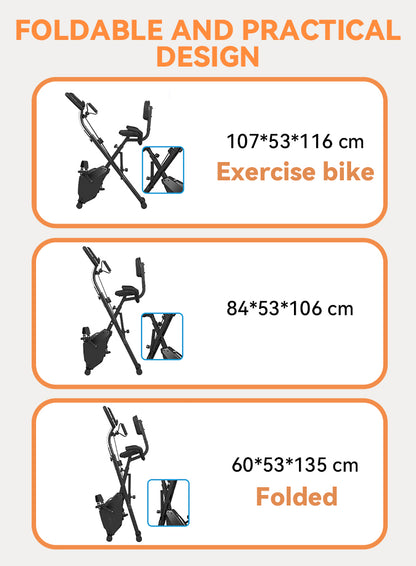 An infographic showing the dimensions of an Elarvo Foldable Exercise Bike in three states: unfolded (107*53*116 cm), partially folded (84*53*106 cm), and fully folded (60*53*135 cm). The graphic features orange text and borders on a light gray background.