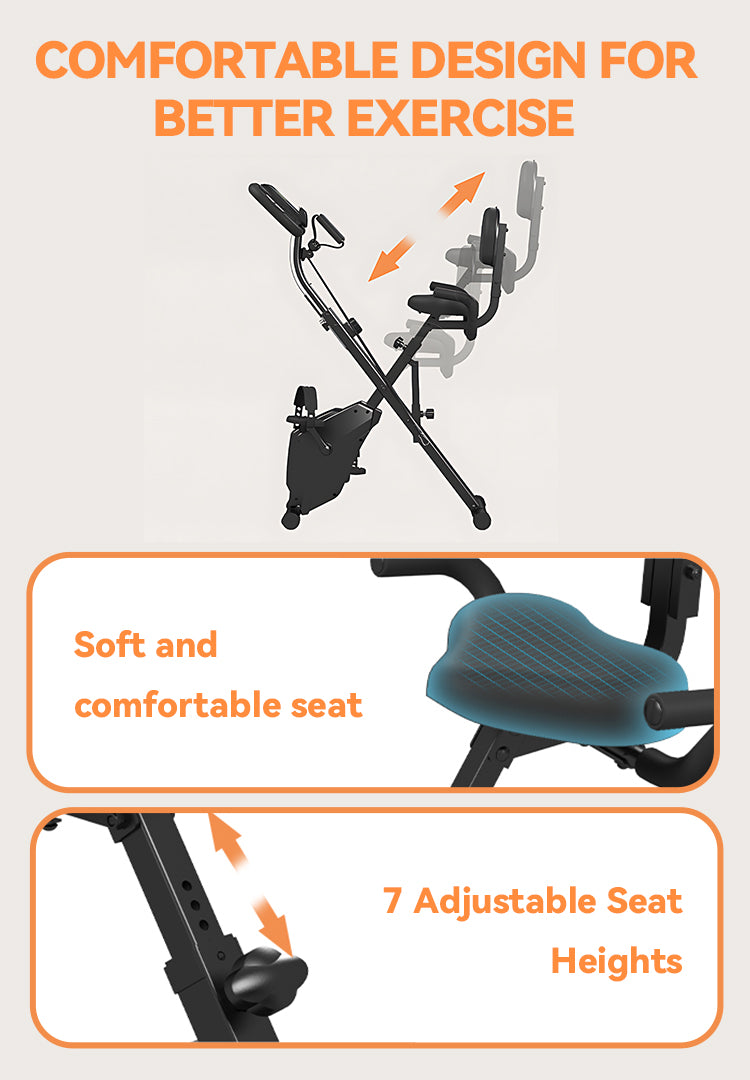 An Elarvo Foldable Exercise Bike infographic with text callouts reading 'COMFORTABLE DESIGN FOR BETTER EXERCISE,' 'Soft and comfortable seat,' and '7 Adjustable Seat Heights,' plus arrows indicating features. The bike is shown in a light gray studio-style layout with orange accents.