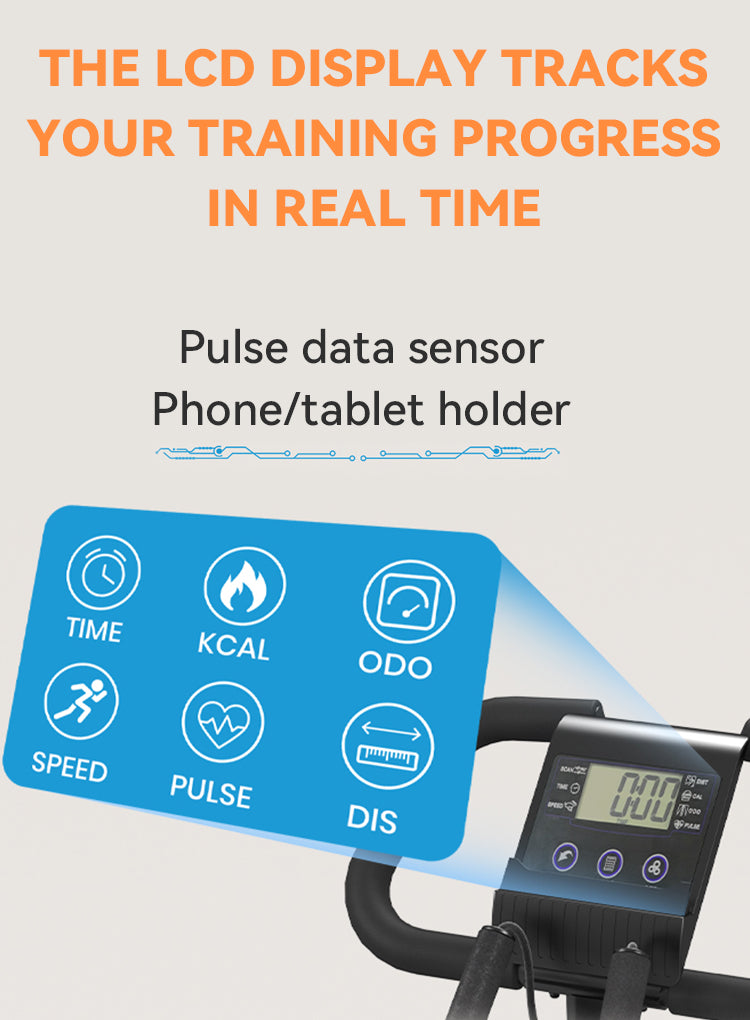 Promotional graphic for an Elarvo Foldable Exercise Bike showing a blue screen with fitness icons (time, kcal, odo, speed, pulse, dis) and a black digital display mounted on a black exercise handlebar. Text at the top reads: 'THE LCD DISPLAY TRACKS YOUR TRAINING PROGRESS IN REAL TIME' and 'Pulse data sensor Phone/tablet holder'.