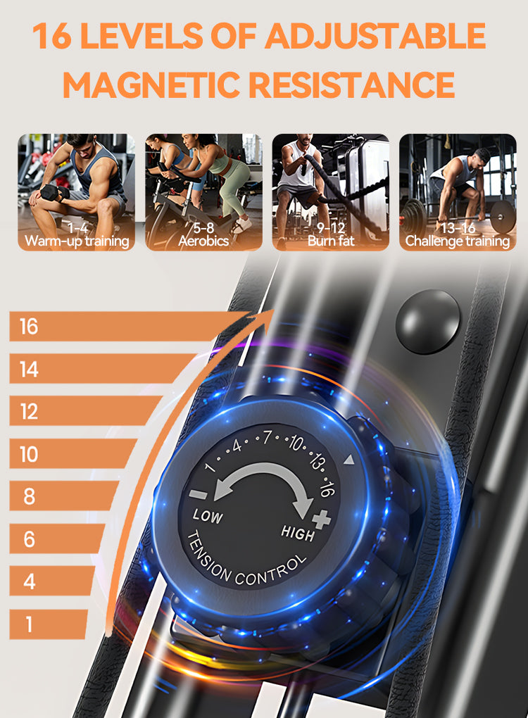 Adjustable magnetic resistance dial on a Elarvo Foldable Exercise Bike with text reading '16 LEVELS OF ADJUSTABLE MAGNETIC RESISTANCE' and small workout-use photos above. The dial shows resistance settings from 1 to 16, with orange and blue graphic effects.