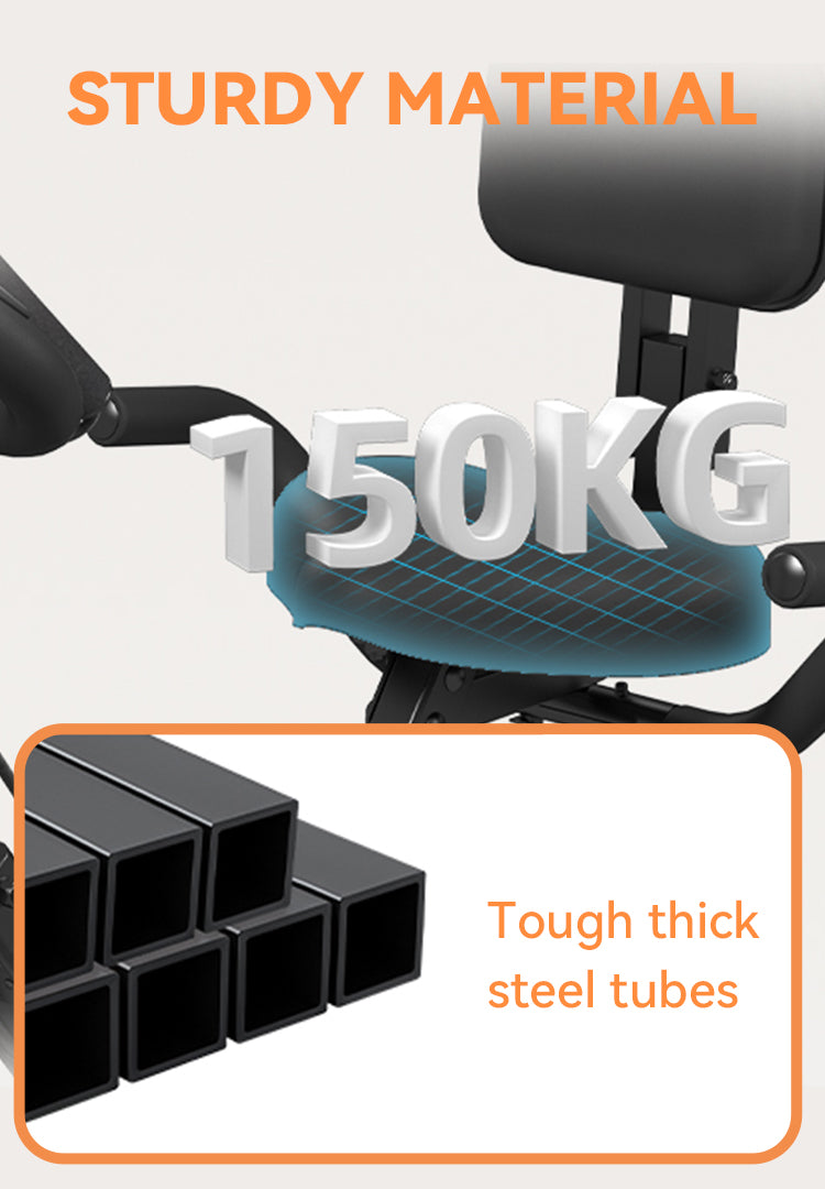 Promotional graphic for a black Elarvo Foldable Exercise Bike or gym chair, featuring large white 3D text reading '150KG' over a blue shaded seat cushion, orange text at the top saying 'STURDY MATERIAL,' and an inset showing thick black steel tube supports with the text 'Tough thick steel tubes.' No person or real environment is present, so this is Product/Packaging rather than Lifestyle.