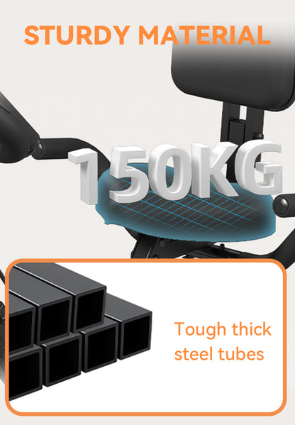 Promotional graphic for a black Elarvo Foldable Exercise Bike or gym chair, featuring large white 3D text reading '150KG' over a blue shaded seat cushion, orange text at the top saying 'STURDY MATERIAL,' and an inset showing thick black steel tube supports with the text 'Tough thick steel tubes.' No person or real environment is present, so this is Product/Packaging rather than Lifestyle.