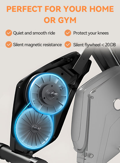 An Elarvo Foldable Exercise Bike close-up with highlighted magnetic resistance components glowing in blue, alongside marketing text that says 'PERFECT FOR YOUR HOME OR GYM' and feature callouts about a quiet smooth ride, knee protection, silent magnetic resistance, and low noise flywheel.