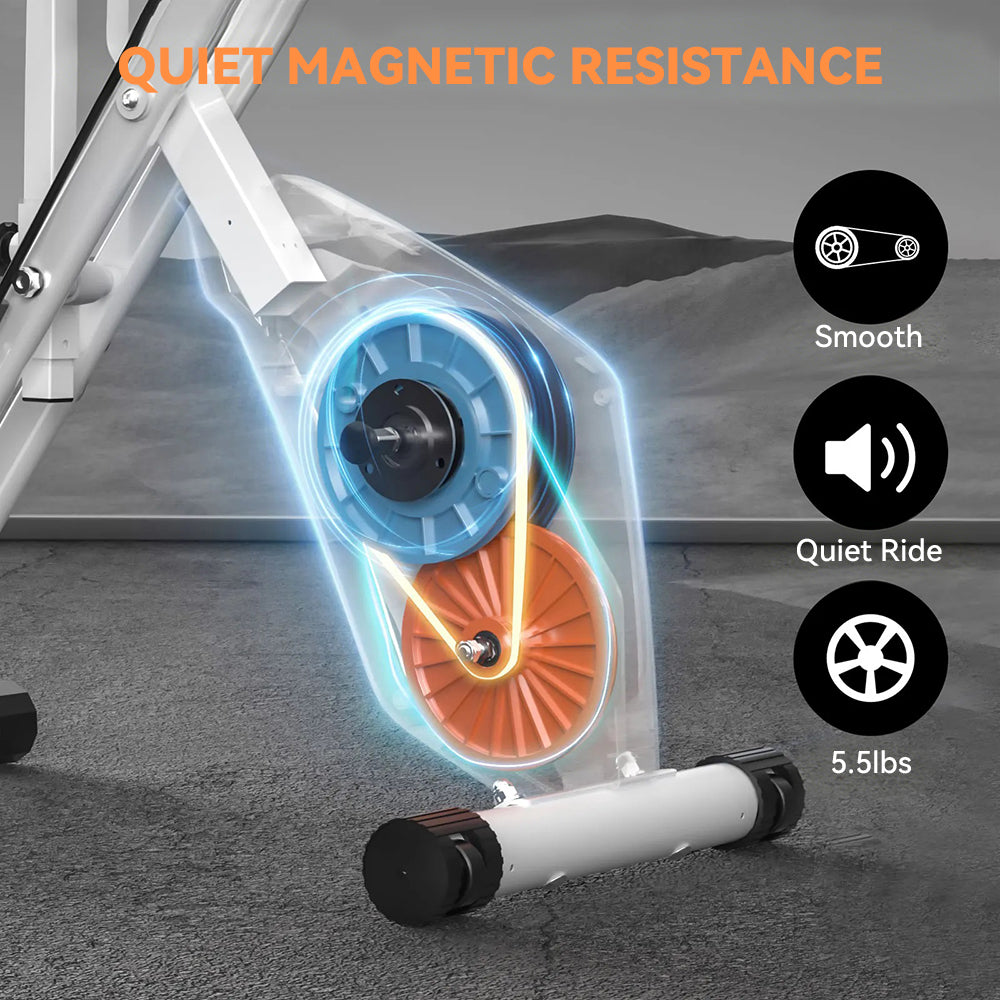 An indoor cycling trainer with a transparent frame showing internal magnetic resistance components, set on a gray concrete floor. The image includes marketing text 'QUIET MAGNETIC RESISTANCE' and three black circular icons on the right listing features: 'Smooth', 'Quiet Ride', and '5.