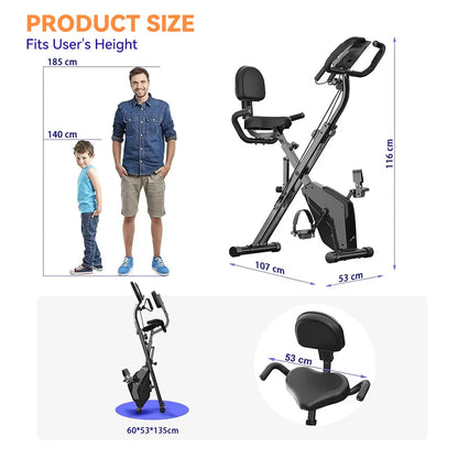 Product size diagram for a black Elarvo Foldable Exercise Bike, showing a man and child for height fit guidance, the bike with dimension labels, and a close-up of the seat backrest and handlebar width.