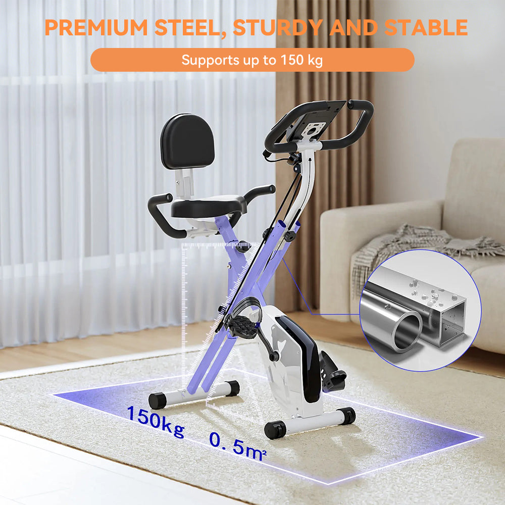 A purple and white adjustable indoor Elarvo Foldable Exercise Bike shown in a living room setting with promotional text overlays and a circular inset showing the metal support frame detail.