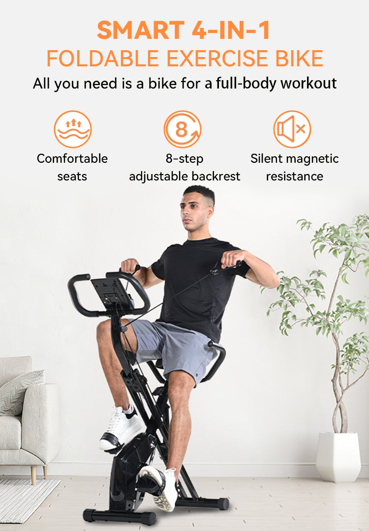 A man riding a black smart 4-in-1 Elarvo Foldable Exercise Bike in a bright, modern living room. The image features promotional text at the top highlighting the bike's features: comfortable seats, 8-step adjustable backrest, and silent magnetic resistance.