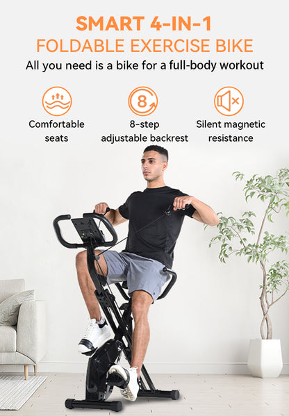 A man riding a black smart 4-in-1 Elarvo Foldable Exercise Bike in a bright, modern living room. The image features promotional text at the top highlighting the bike's features: comfortable seats, 8-step adjustable backrest, and silent magnetic resistance.