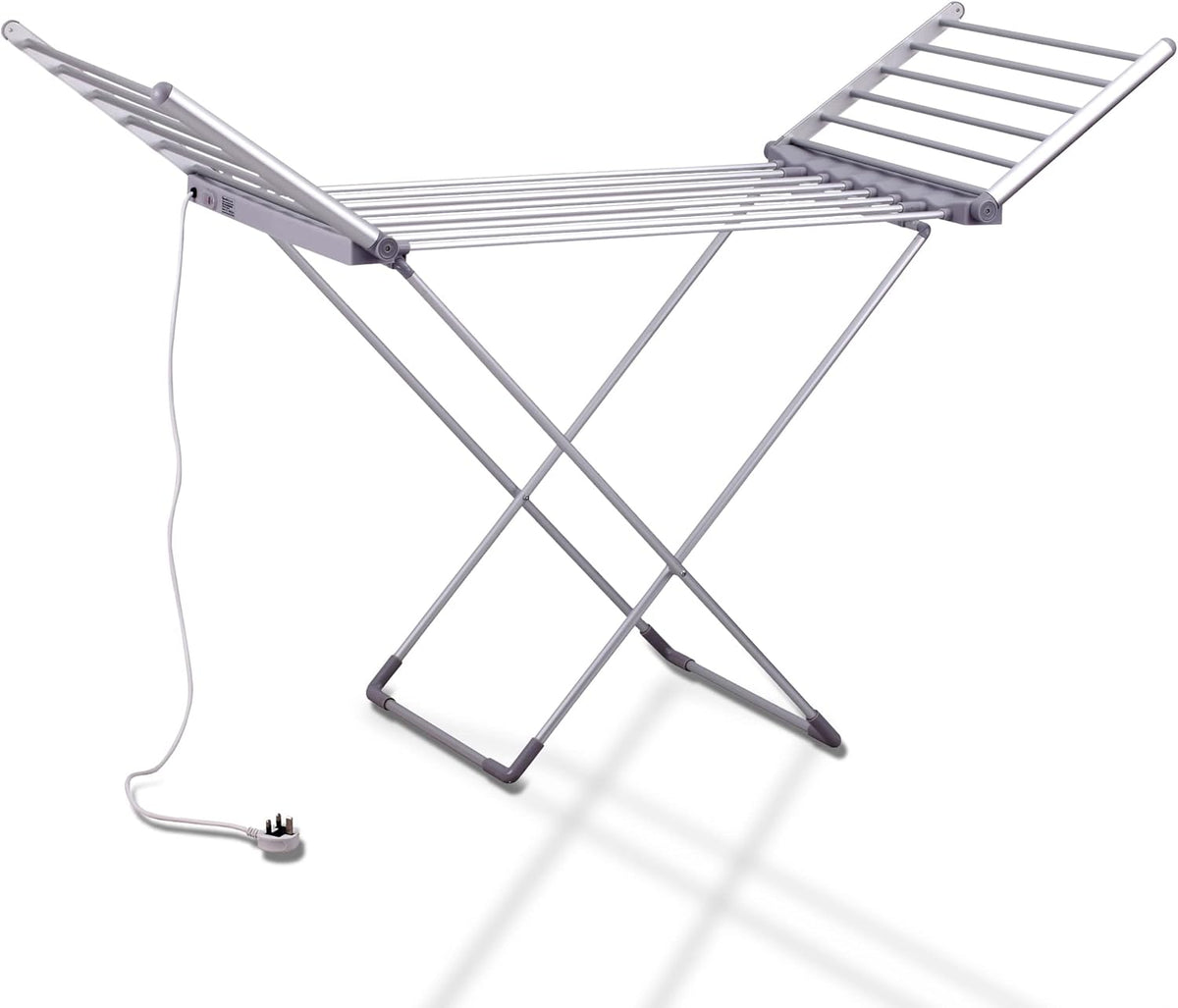 A silver metal Elarvo Heated Clothes Airer clothesline with a power cord and plug, shown on a white background with soft shadows.