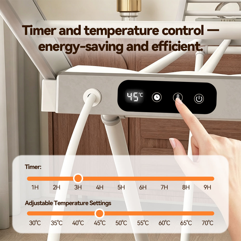 Close-up of a Elarvo Heated Clothes Airer with a black digital control panel showing 45°C. A finger is pressing the buttons on the panel.