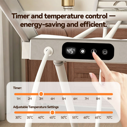 Close-up of a Elarvo Heated Clothes Airer with a black digital control panel showing 45°C. A finger is pressing the buttons on the panel.