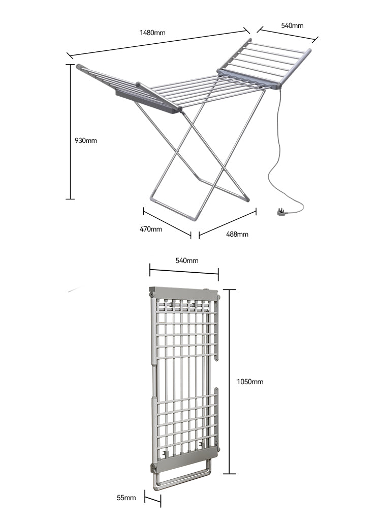 A technical Elarvo Heated Clothes Airer diagram of a metal electric clothesline, showing two views with labeled measurements: one folded flat and one extended, on a plain white background.