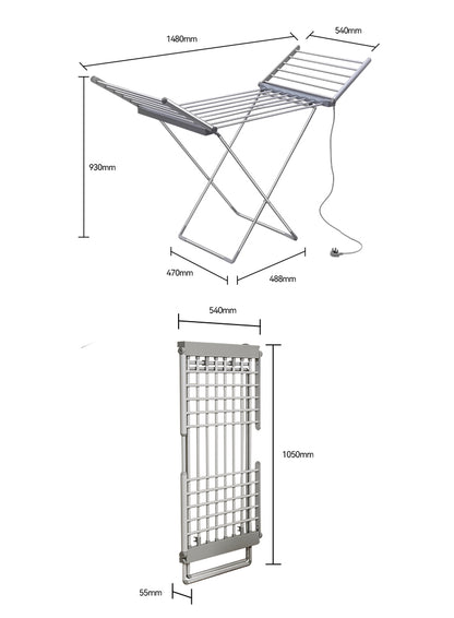 A technical Elarvo Heated Clothes Airer diagram of a metal electric clothesline, showing two views with labeled measurements: one folded flat and one extended, on a plain white background.
