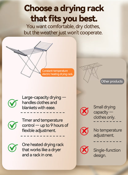 An infographic comparison graphic for an Elarvo Heated Clothes Airer drying rack. The left panel shows the folding electric heating dryer with green checkmarks for its features: large capacity, timer and temperature control, and one heated rack in one.