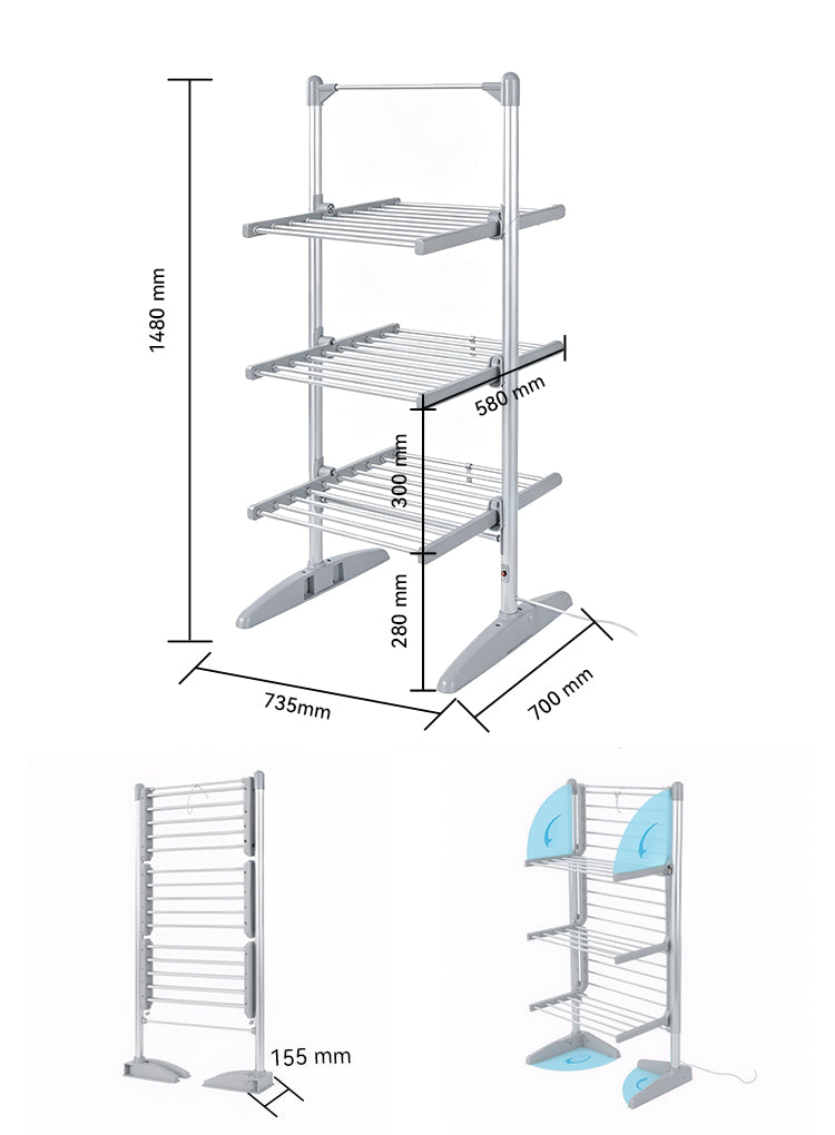 A silver Elarvo Heated Clothes Airer with three tiers of wire shelves and three smaller inset views showing different angles and dimensions, including 1480 mm height, 735 mm width, 560 mm shelf width, 300 mm spacing, 280 mm leg depth, and 155 mm leg width.