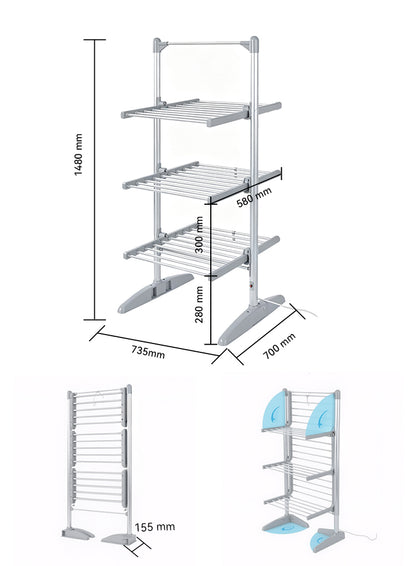A silver Elarvo Heated Clothes Airer with three tiers of wire shelves and three smaller inset views showing different angles and dimensions, including 1480 mm height, 735 mm width, 560 mm shelf width, 300 mm spacing, 280 mm leg depth, and 155 mm leg width.