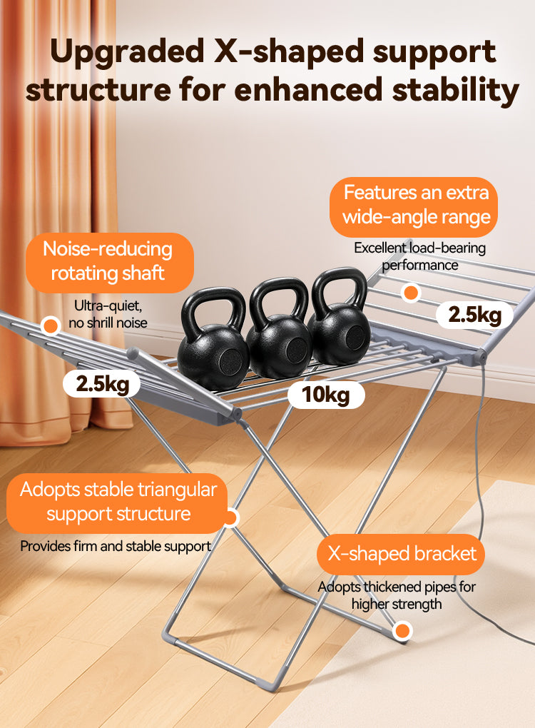 A metal Elarvo Heated Clothes Airer shown in a room setting with overlaid marketing text callouts and weight labels. The rack holds three black kettlebells: 2.
