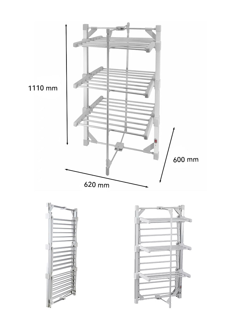 A white metal multi-tier shelf or towel rack shown on a white background with dimension labels indicating 1110 mm height, 600 mm depth, and 620 mm width, plus two smaller folded views below.