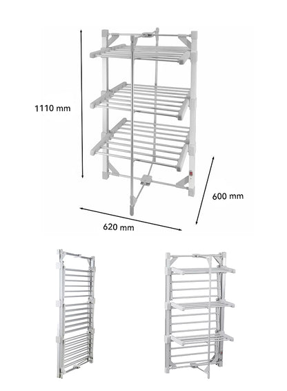 A white metal multi-tier shelf or towel rack shown on a white background with dimension labels indicating 1110 mm height, 600 mm depth, and 620 mm width, plus two smaller folded views below.