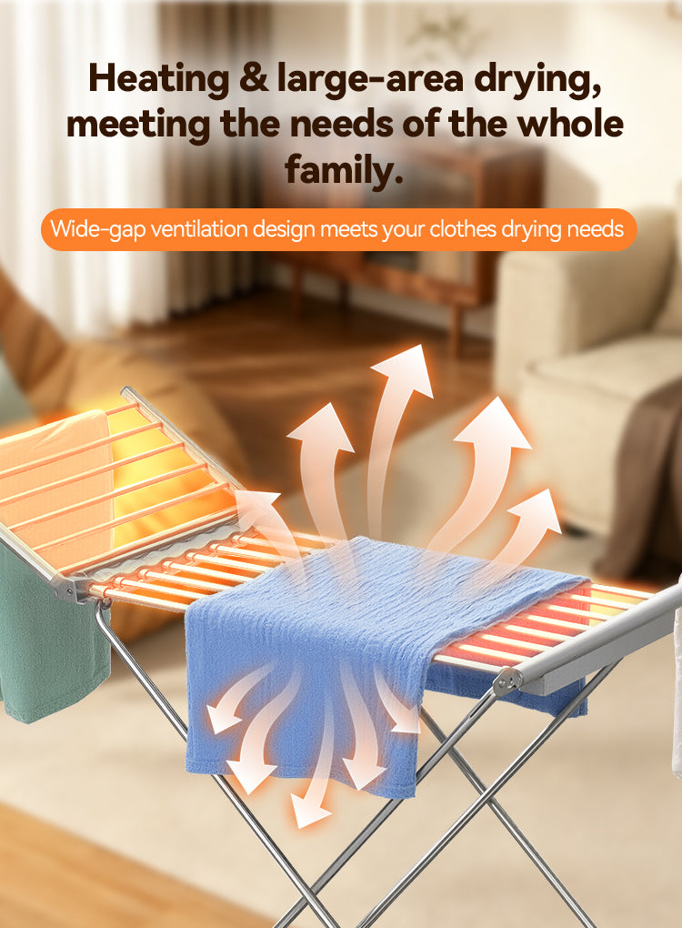 A folding Elarvo Heated Clothes Airer with orange heating elements, shown in a living room setting with a blue towel draped over it. White arrows illustrate airflow, and text at the top describes heating and large-area drying.