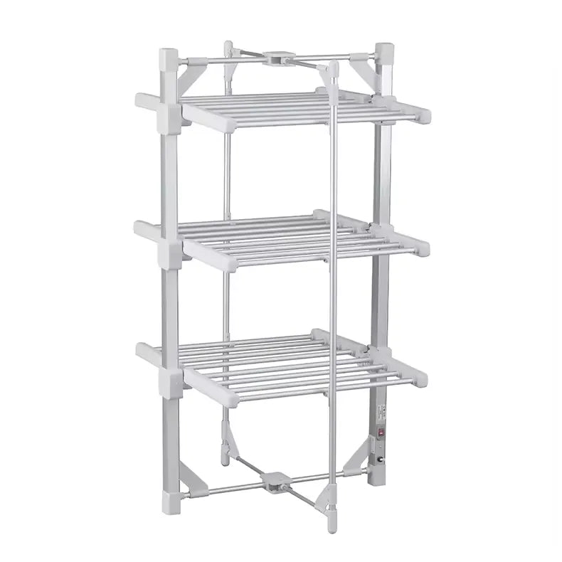 A three-tier white plastic and metal Elarvo Heated Clothes Airer rack with adjustable legs, shown on a solid white background.