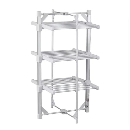 A three-tier white plastic and metal Elarvo Heated Clothes Airer rack with adjustable legs, shown on a solid white background.