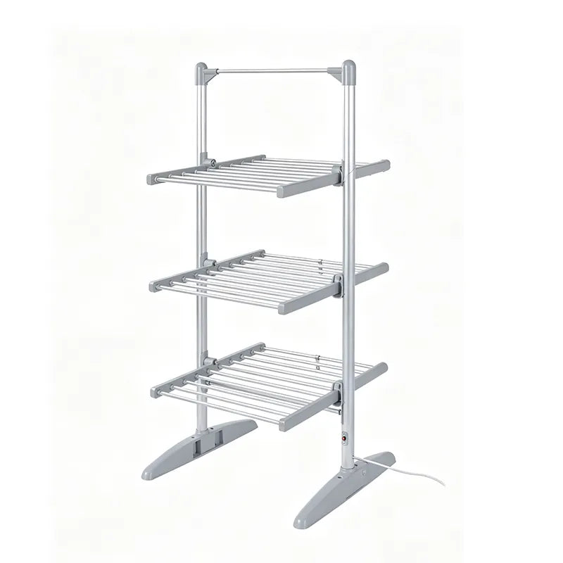 A three-tier electric Elarvo Heated Clothes Airer dryer rack with silver metal shelves and gray plastic feet, shown on a plain white background.