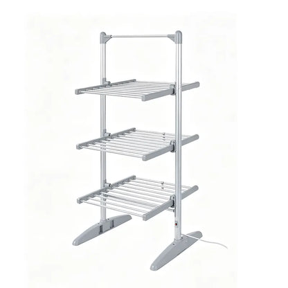 A three-tier electric Elarvo Heated Clothes Airer dryer rack with silver metal shelves and gray plastic feet, shown on a plain white background.