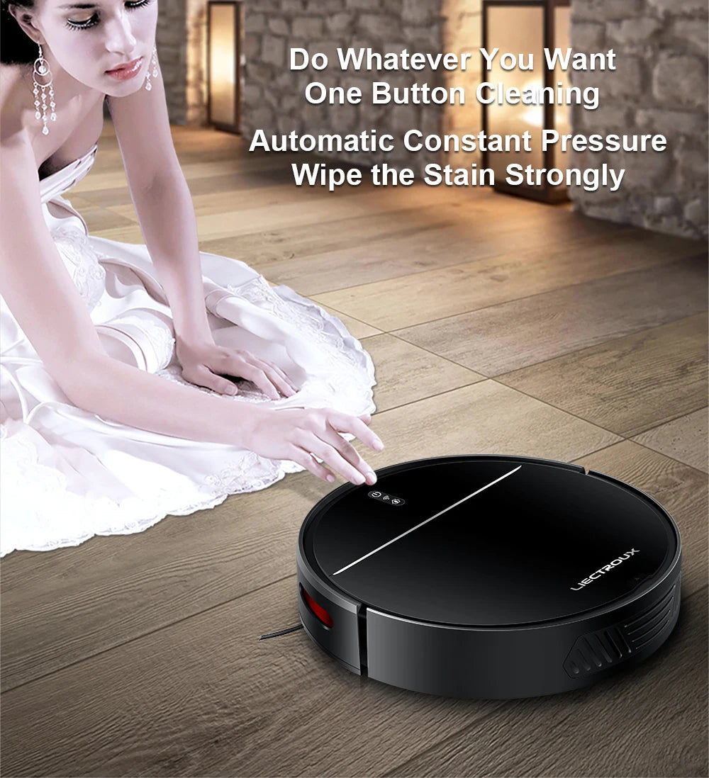 Elarvo M7S Robot Vacuum on a wooden floor with text highlighting its features.