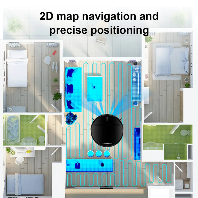 Elarvo M7S Robot Vacuum mapping a room with 2D map navigation and precise positioning text above.